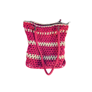 Cartera tejida rosa y blanco